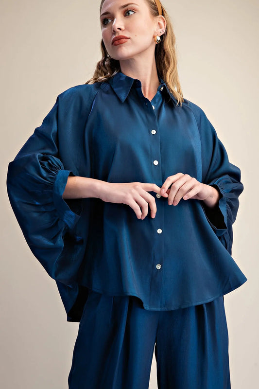 Navy Puff Wide Long Sleeve Button Down Top