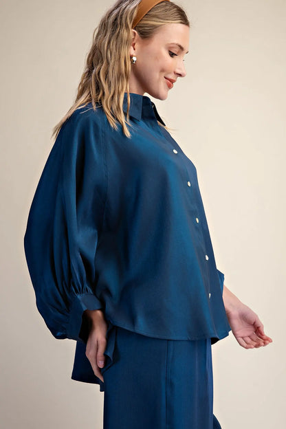Navy Puff Wide Long Sleeve Button Down Top