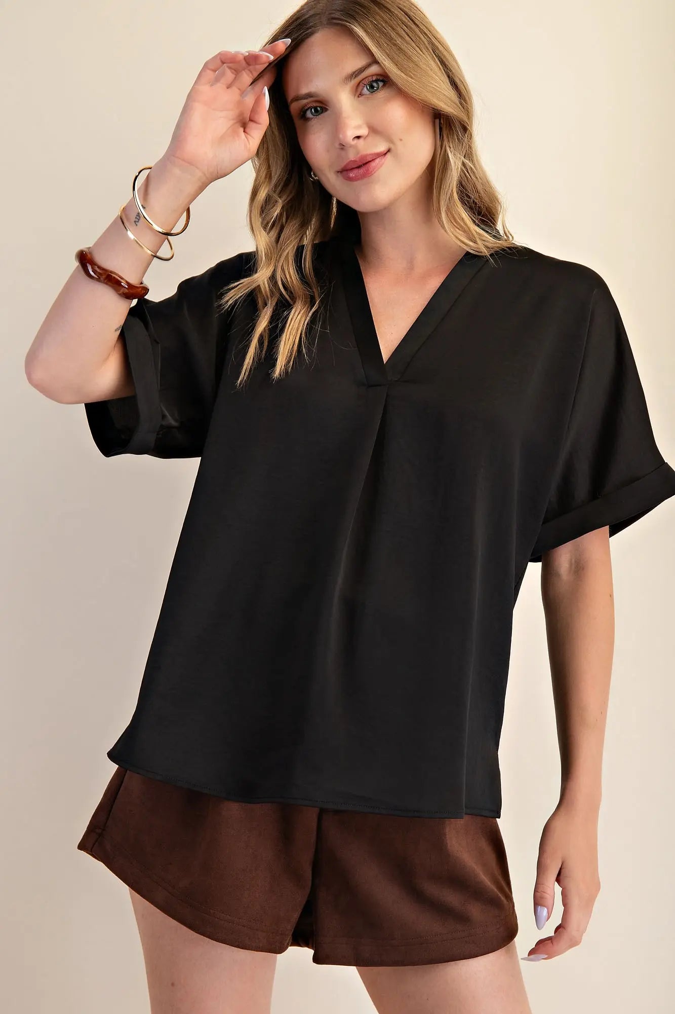Black Satin V-Neck Placket Cuffs Sleeve Top