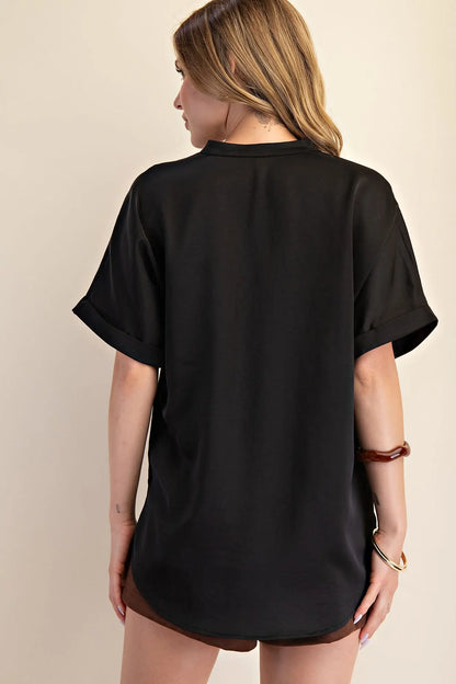 Black Satin V-Neck Placket Cuffs Sleeve Top
