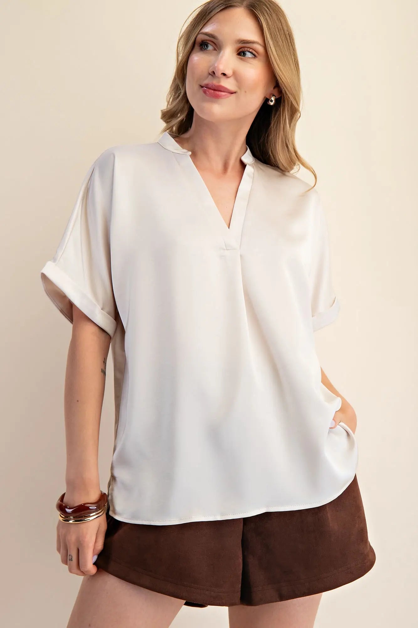 Cream Satin V-Neck Placket Cuffs Sleeve Top