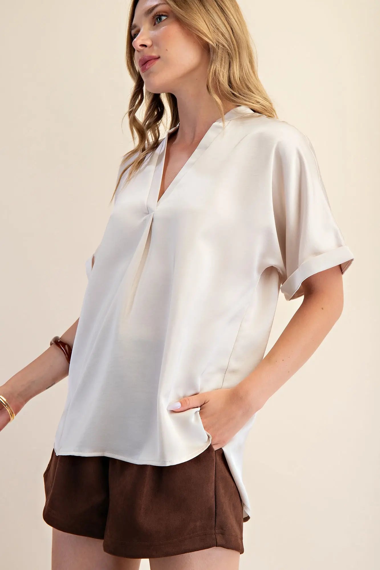 Cream Satin V-Neck Placket Cuffs Sleeve Top