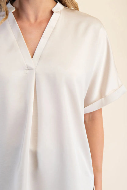Cream Satin V-Neck Placket Cuffs Sleeve Top