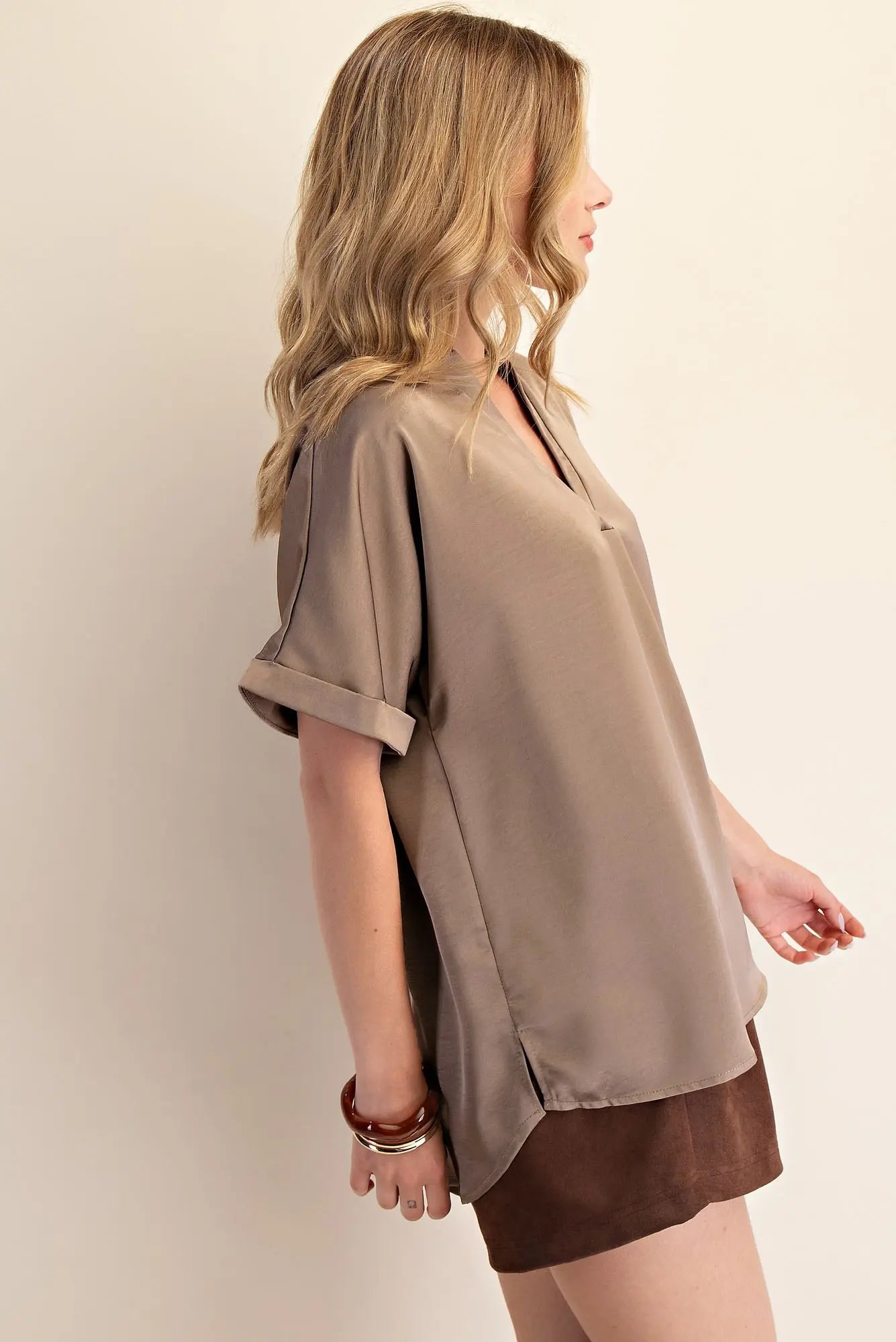 Mocha Satin V-Neck Placket Cuffs Sleeve Top
