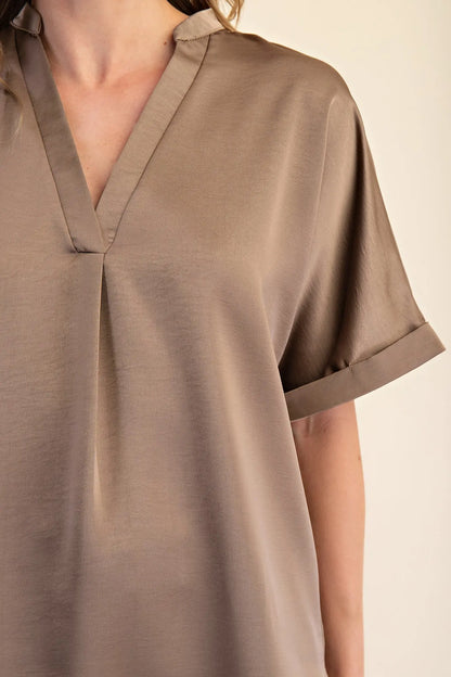 Mocha Satin V-Neck Placket Cuffs Sleeve Top
