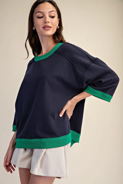 Navy Oversized Short Sleeve Sweatshirt