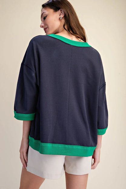 Navy Oversized Short Sleeve Sweatshirt