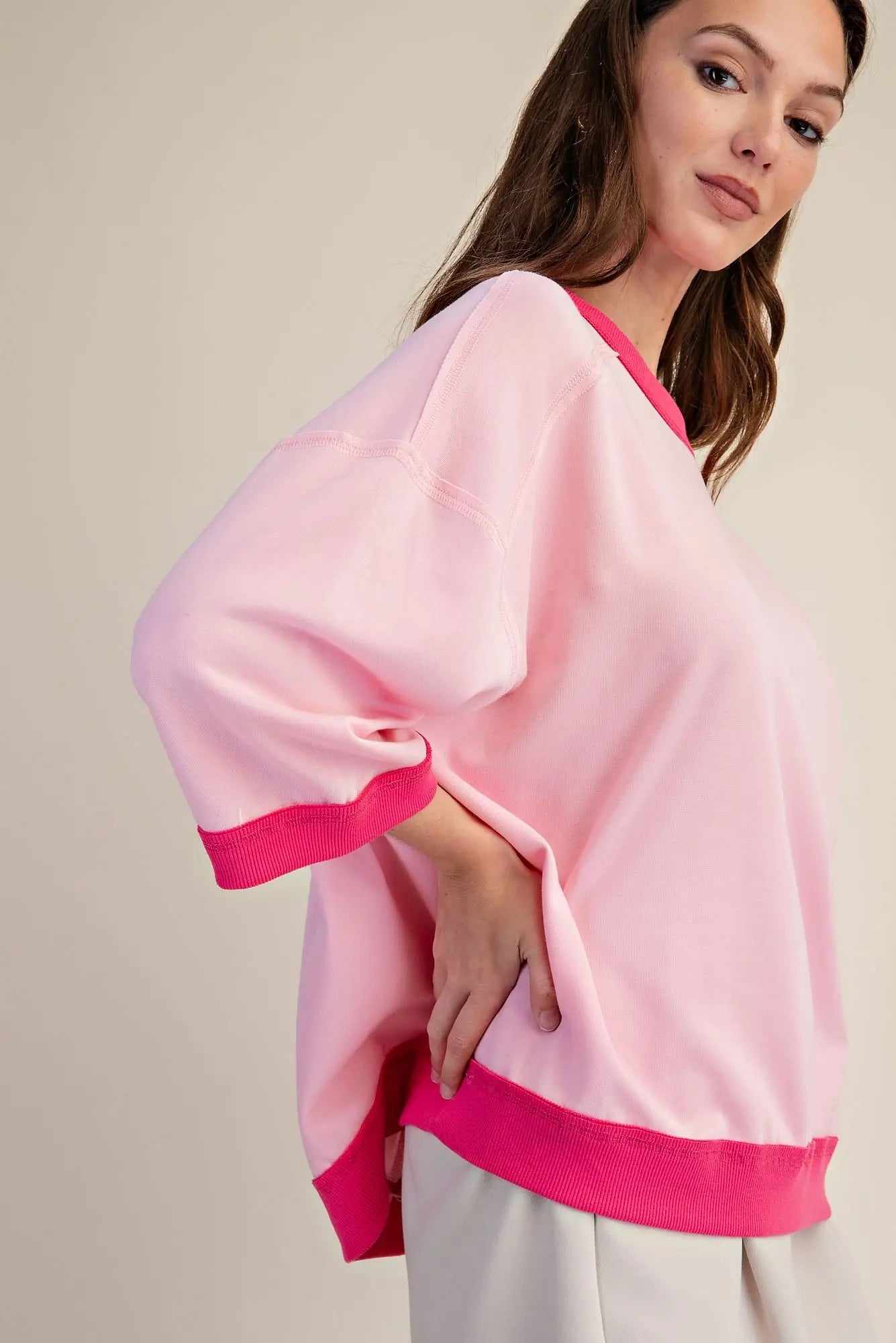 Pink Oversized Short Sleeve Sweatshirt
