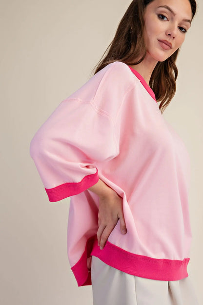 Pink Oversized Short Sleeve Sweatshirt