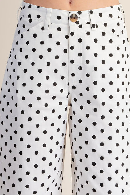 White High Waist Barrel Leg Polka Dot Pants
