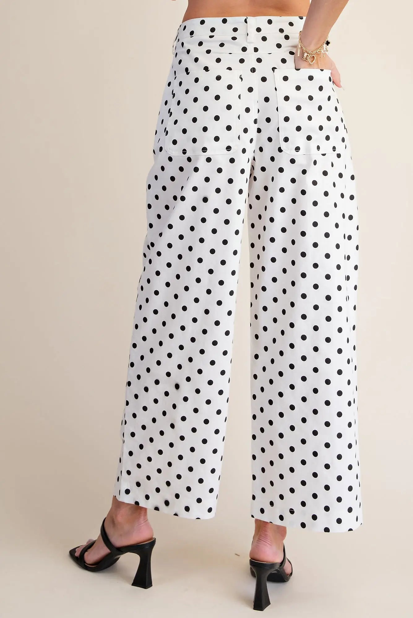 White High Waist Barrel Leg Polka Dot Pants