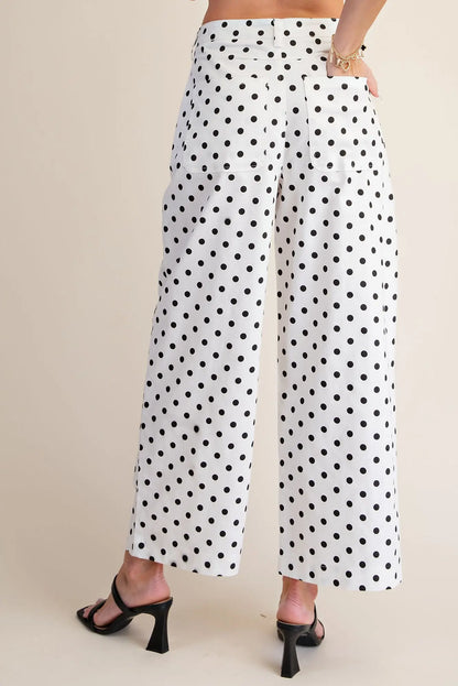 White High Waist Barrel Leg Polka Dot Pants