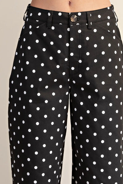 Black High Waist Barrel Leg Polka Dot Pants
