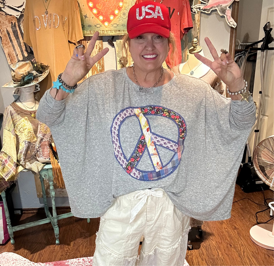 Easel Peace Patch Long Sleeve Top Heather Grey