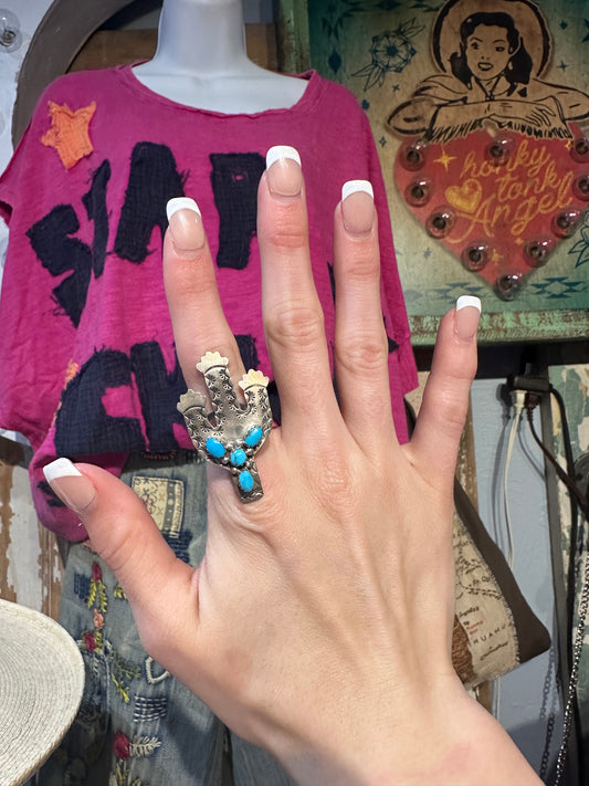 Running Bear Sterling Silver & Kingman Cactus Ring Size 8