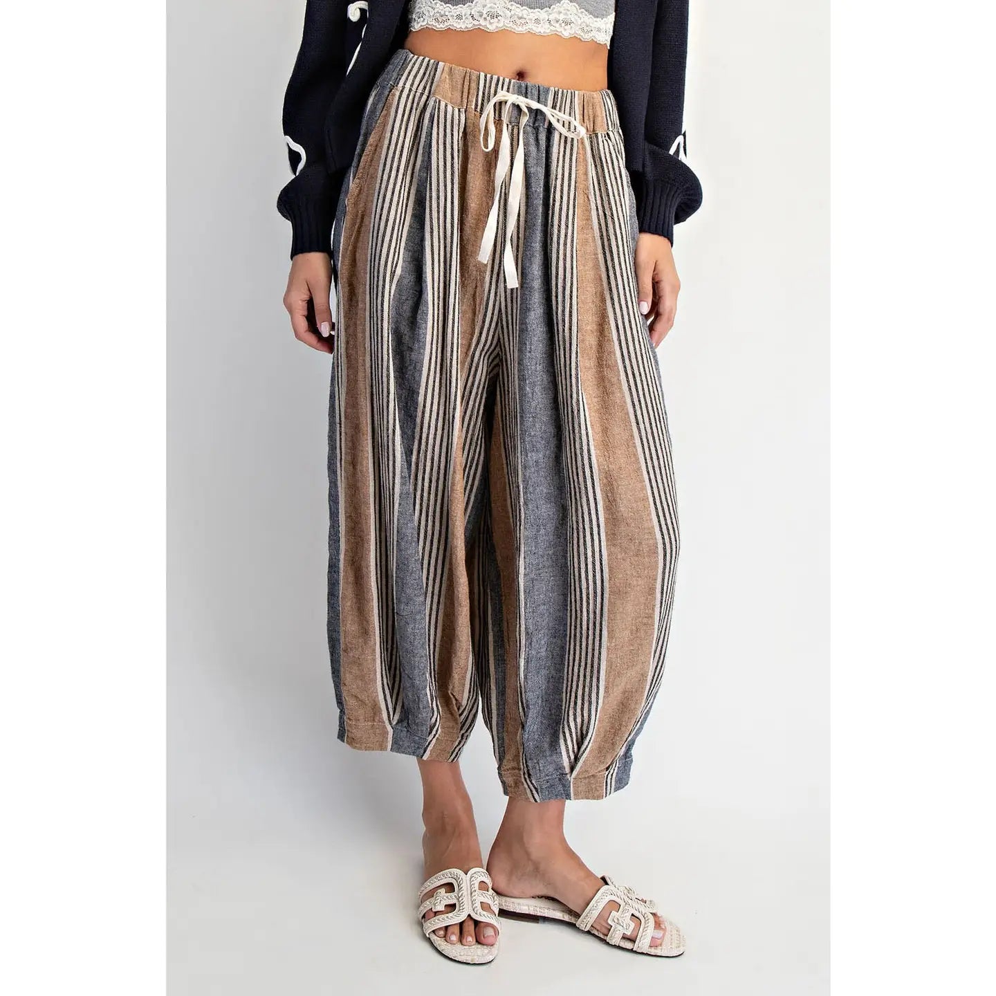 Taupe Stripe Linen-Blend Balloon Pants