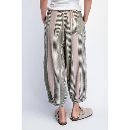 Olive Stripe Linen-Blend Balloon Pants
