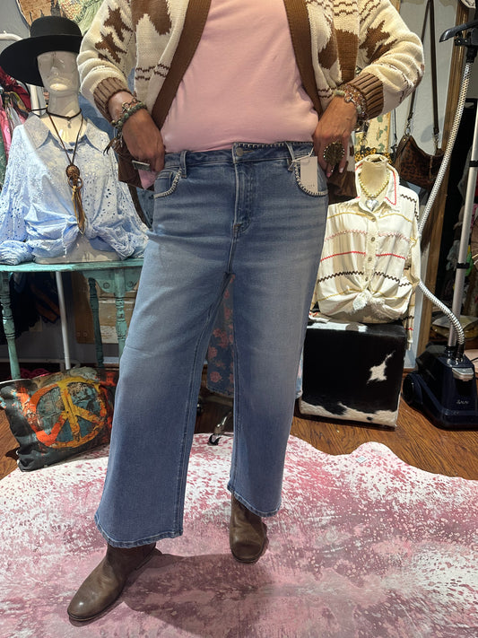 Risen High Rise Crop Wide Embroidered Detail Denim