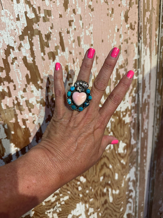 Tibetan Sacred Heart with Real Turquoise Pink Conch Heart Adjustable Ring