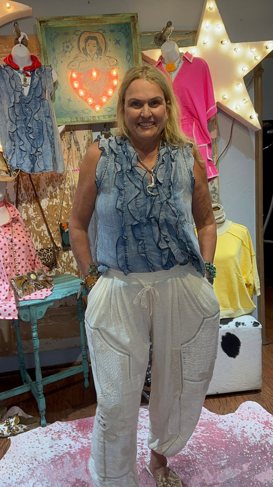 BlueVelvet Denim Sleeveless Ruffle Top