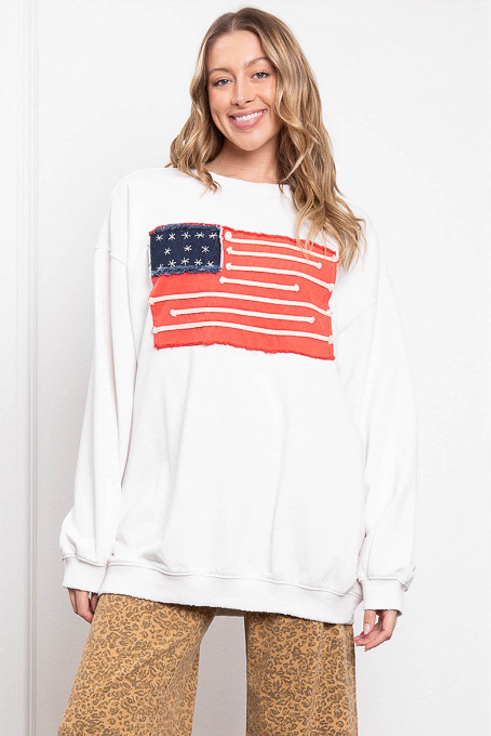 Blue Velvet USA Flag Patchwork Sweatshirt White