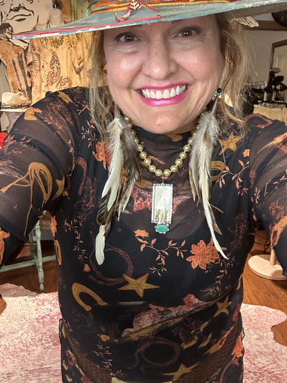 Easel Western Printed Mesh Top