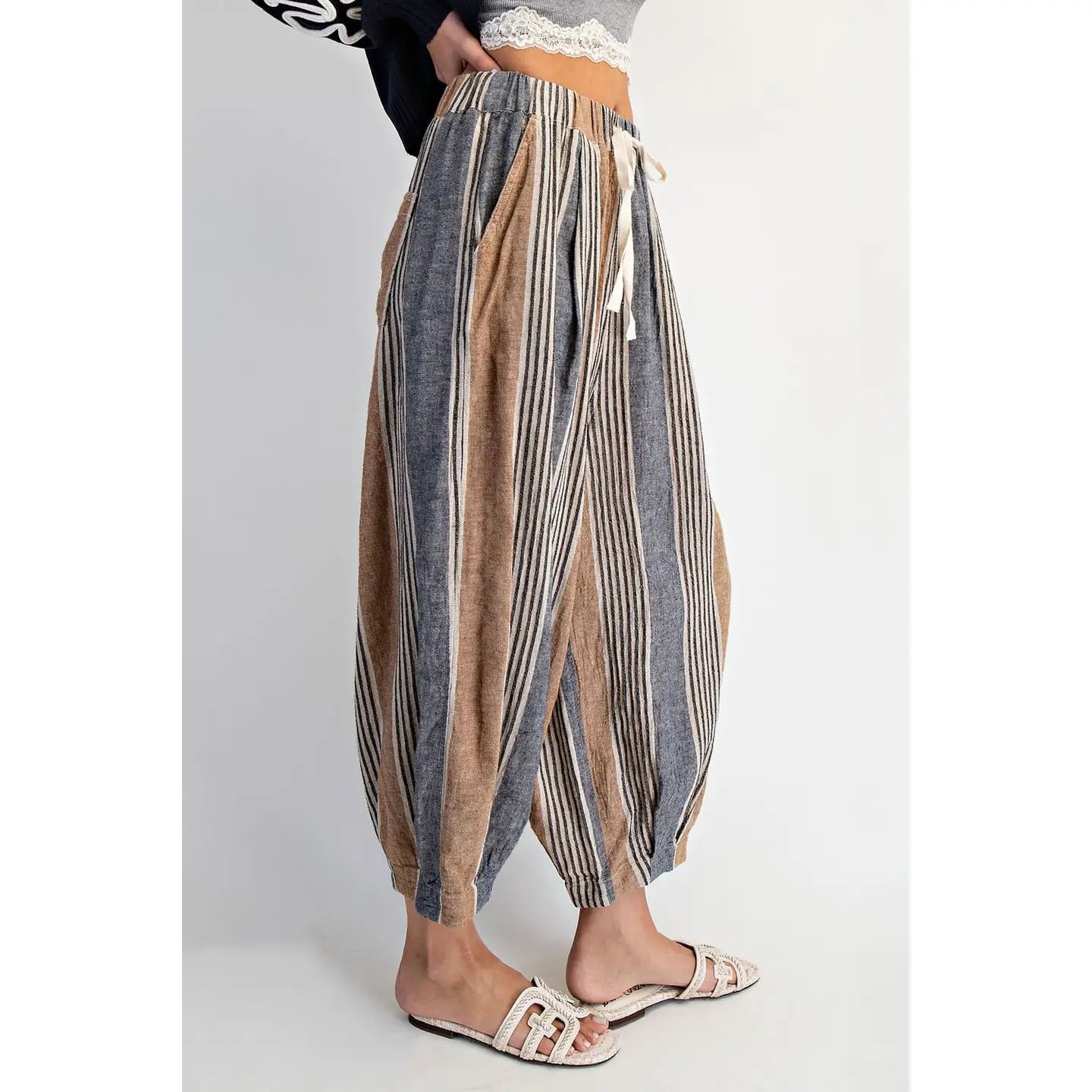 Taupe Stripe Linen-Blend Balloon Pants
