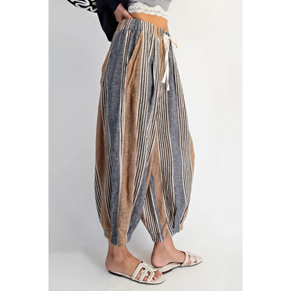 Taupe Stripe Linen-Blend Balloon Pants