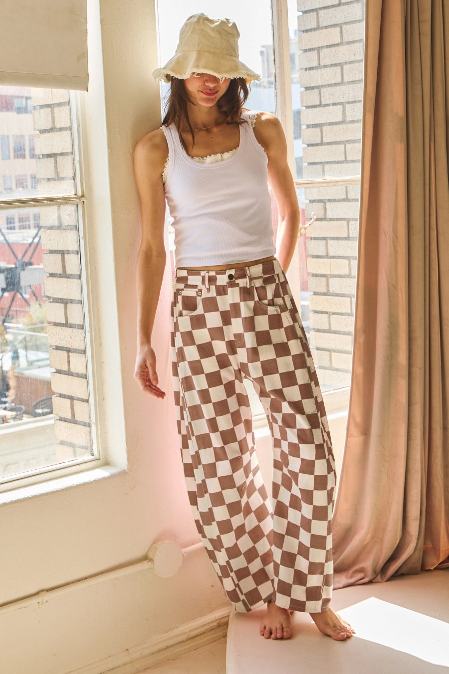 Checkered Print Barrel Pants Mocha