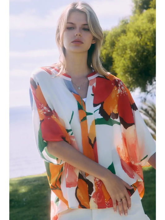 Hibiscus Floral Print Button Top