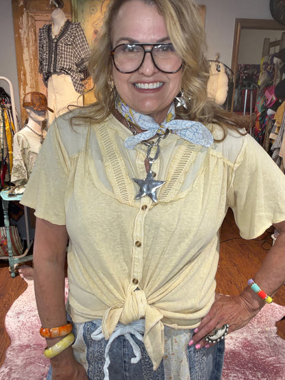 Easel Straw Button Down Cotton Top