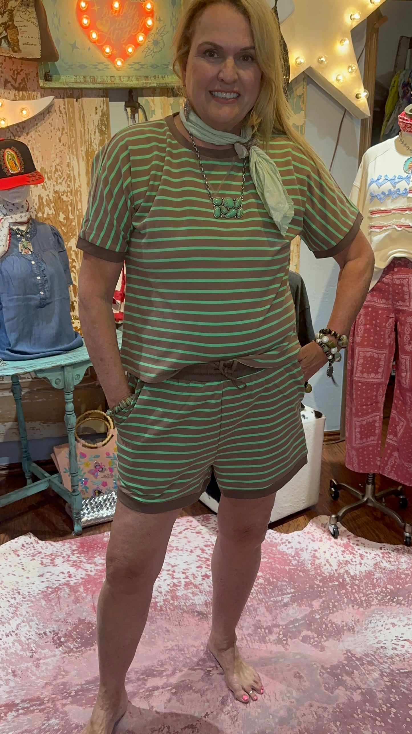 Green / Mocha Stripe Short Set