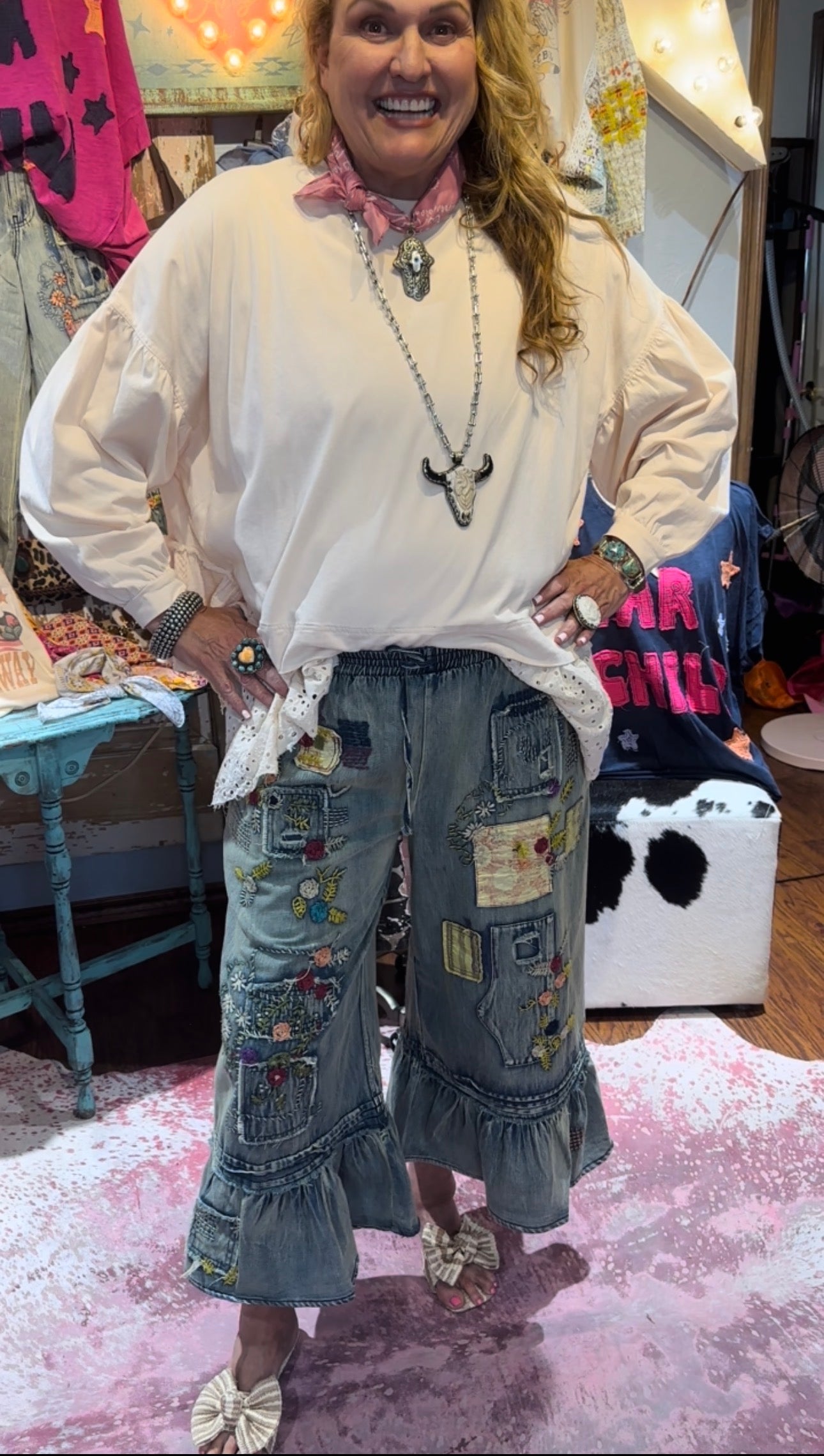 Blue Velvet Denim Embroidered Ruffle Bottom Pants