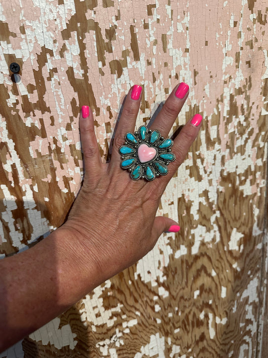 Tibetan Real Turquoise with Conch Heart Adjustable Ring