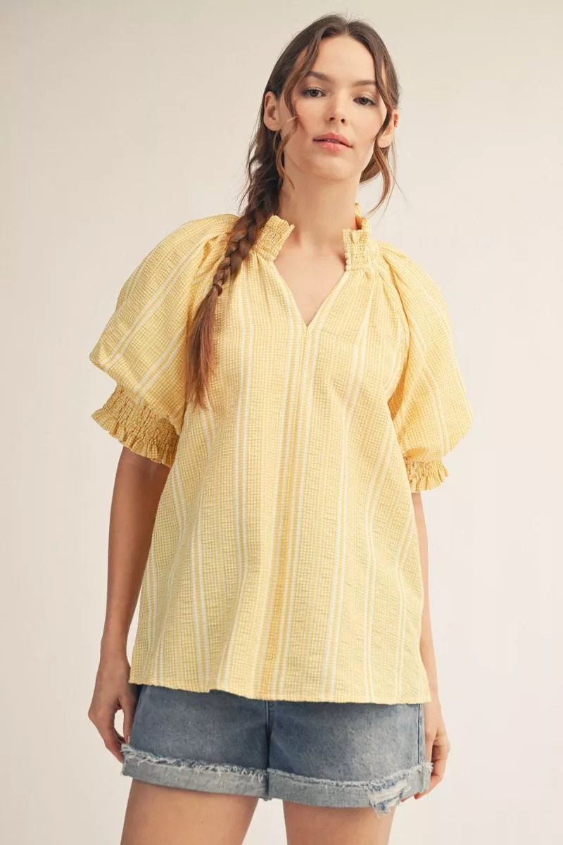 Yellow Stripe Puff Sleeve Top