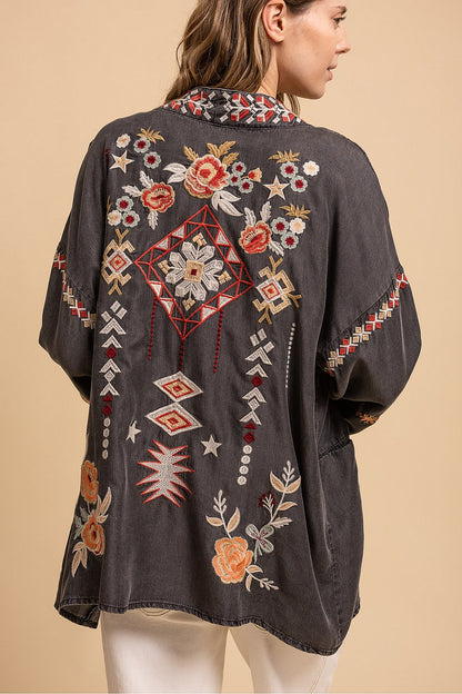 Blue Velvet Floral Embroidered Kimono
