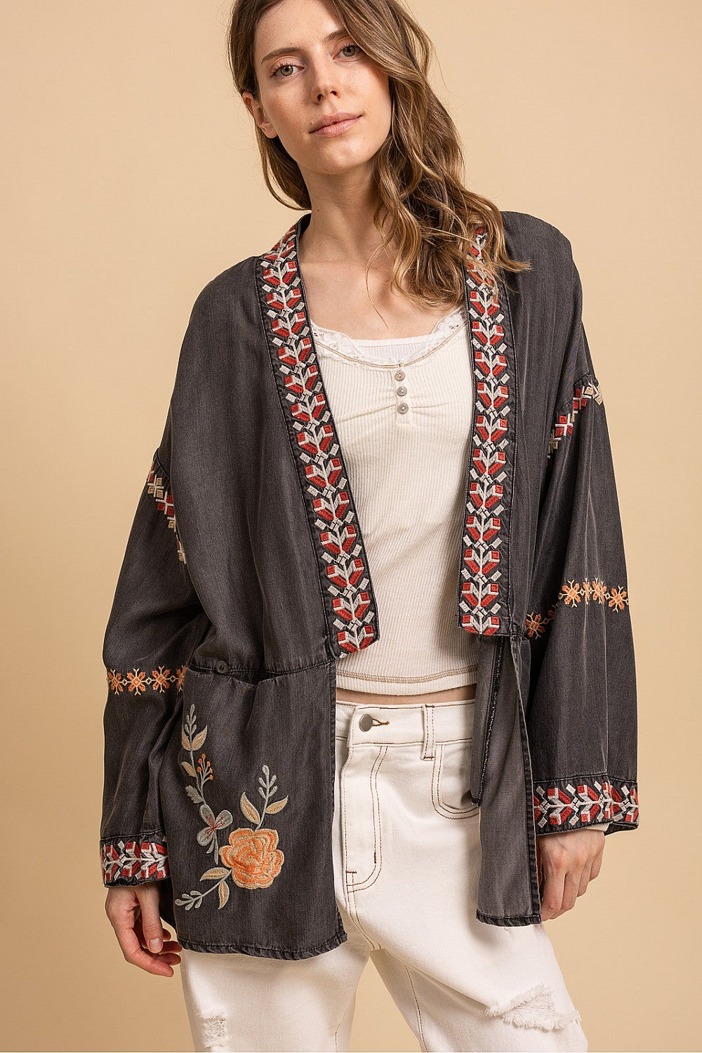 Blue Velvet Floral Embroidered Kimono