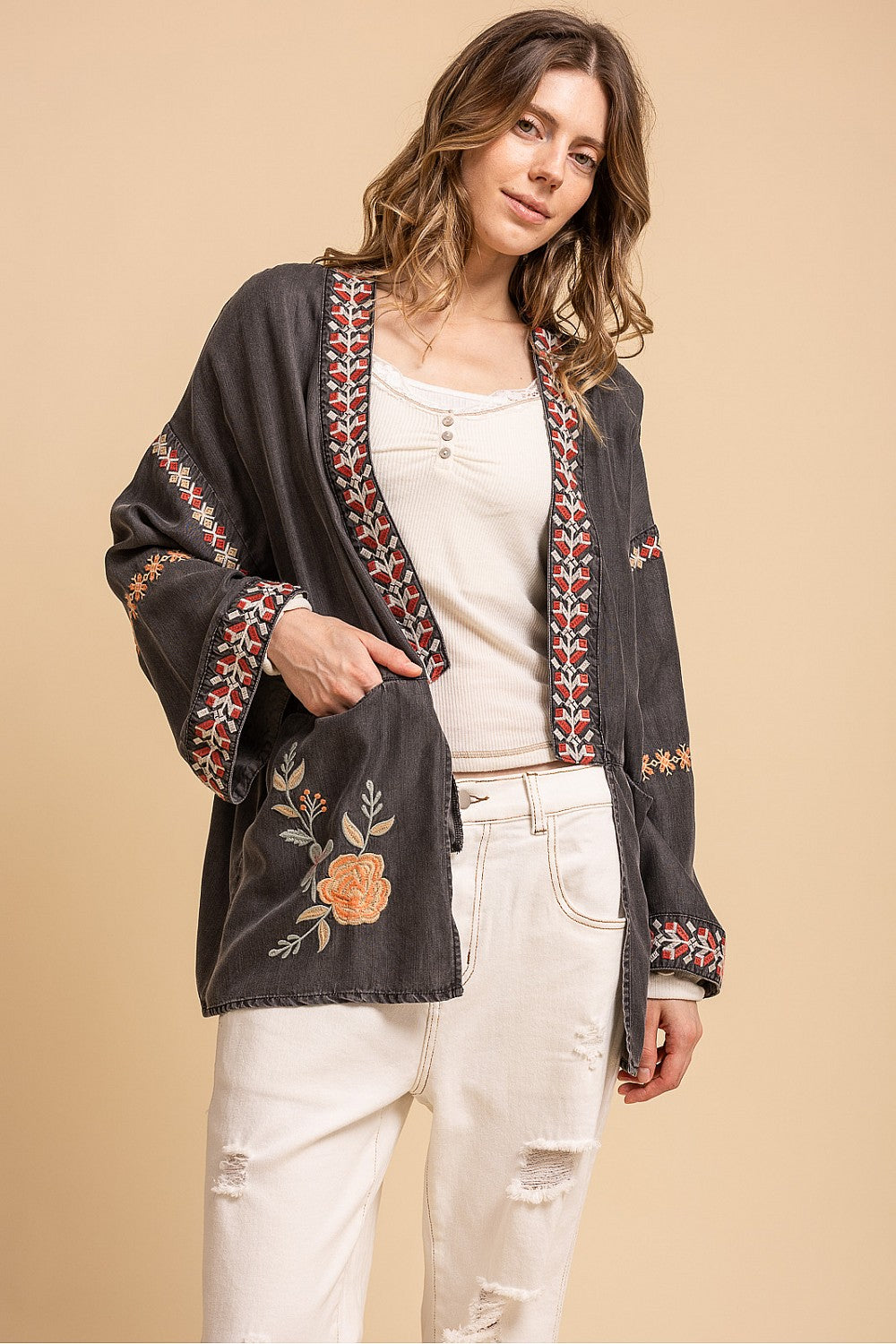 Blue Velvet Floral Embroidered Kimono