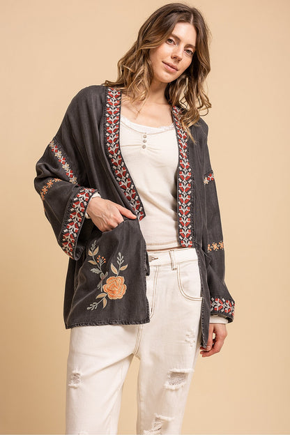 Blue Velvet Floral Embroidered Kimono