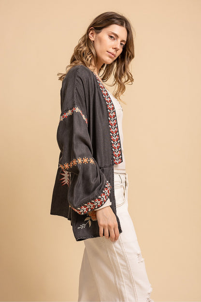 Blue Velvet Floral Embroidered Kimono