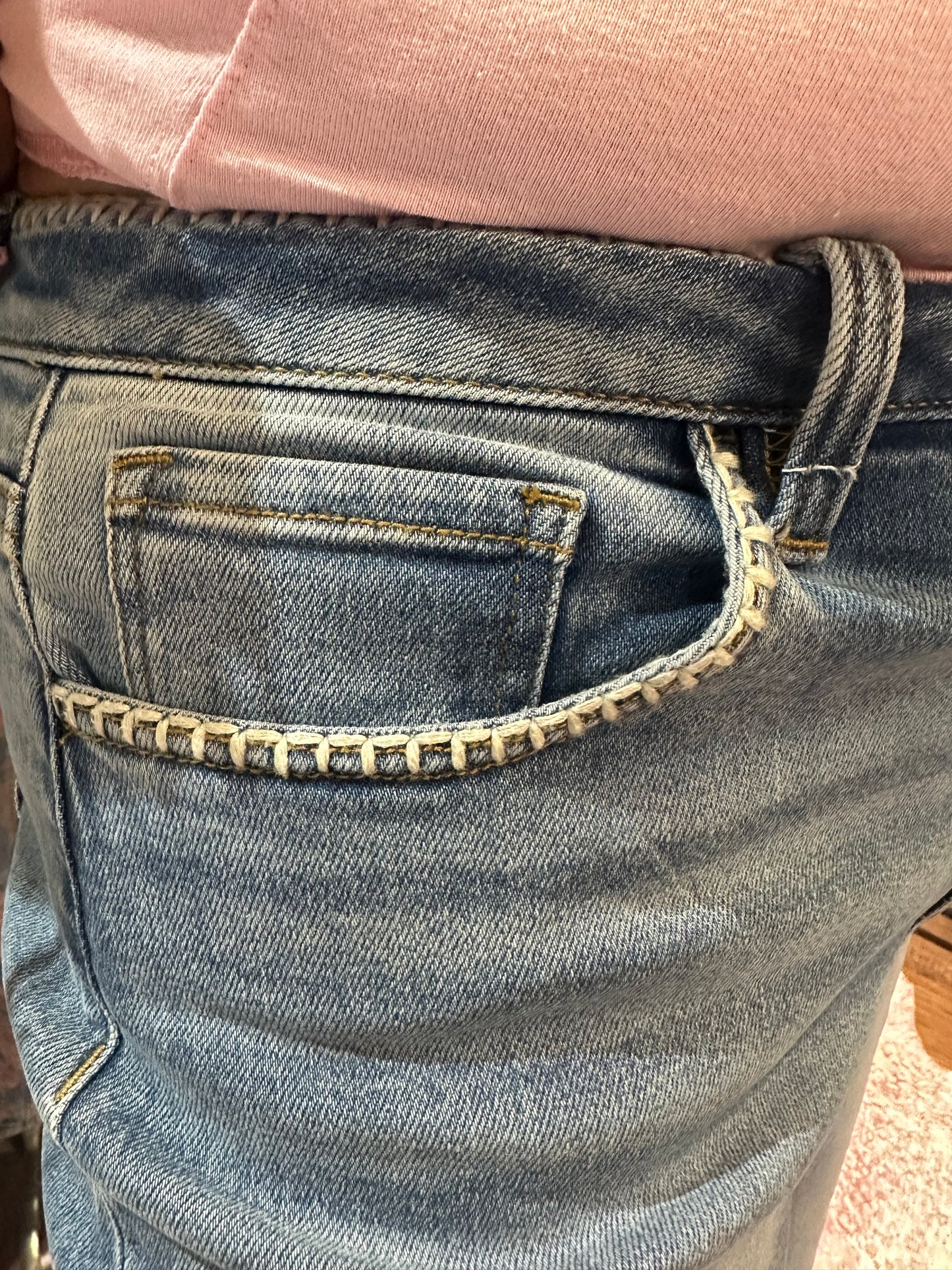 Risen High Rise Crop Wide Embroidered Detail Denim