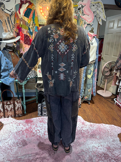 Blue Velvet Floral Embroidered Kimono