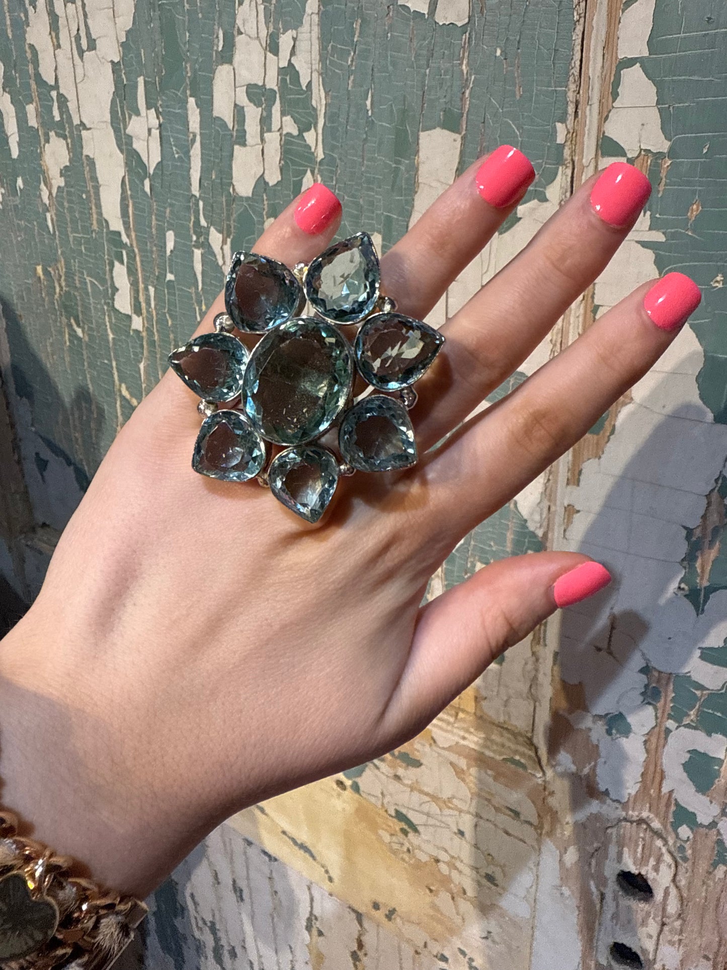 Large Aquamarine Crystal Adjustable Ring