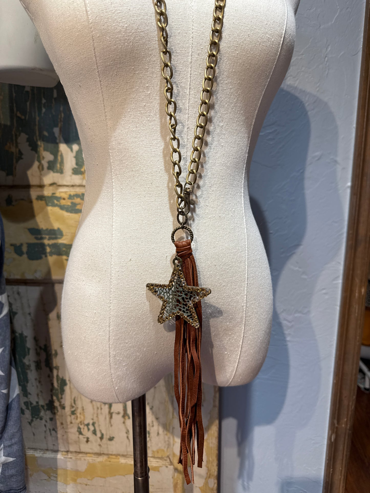 Long Star Necklace with Leather Tassel