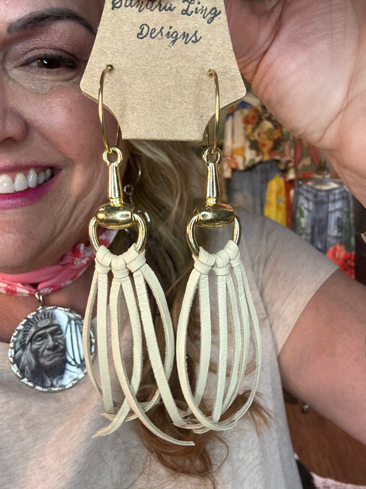 Gold with Cream Leather Horse Bit Earrings on Hoops
