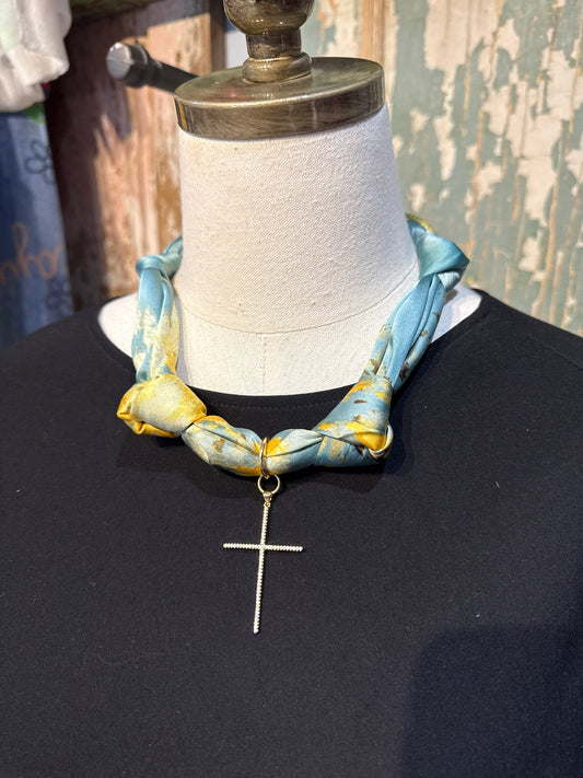 Handmade USA Tied Silky Wild Rags with Crystal Cross Pendant