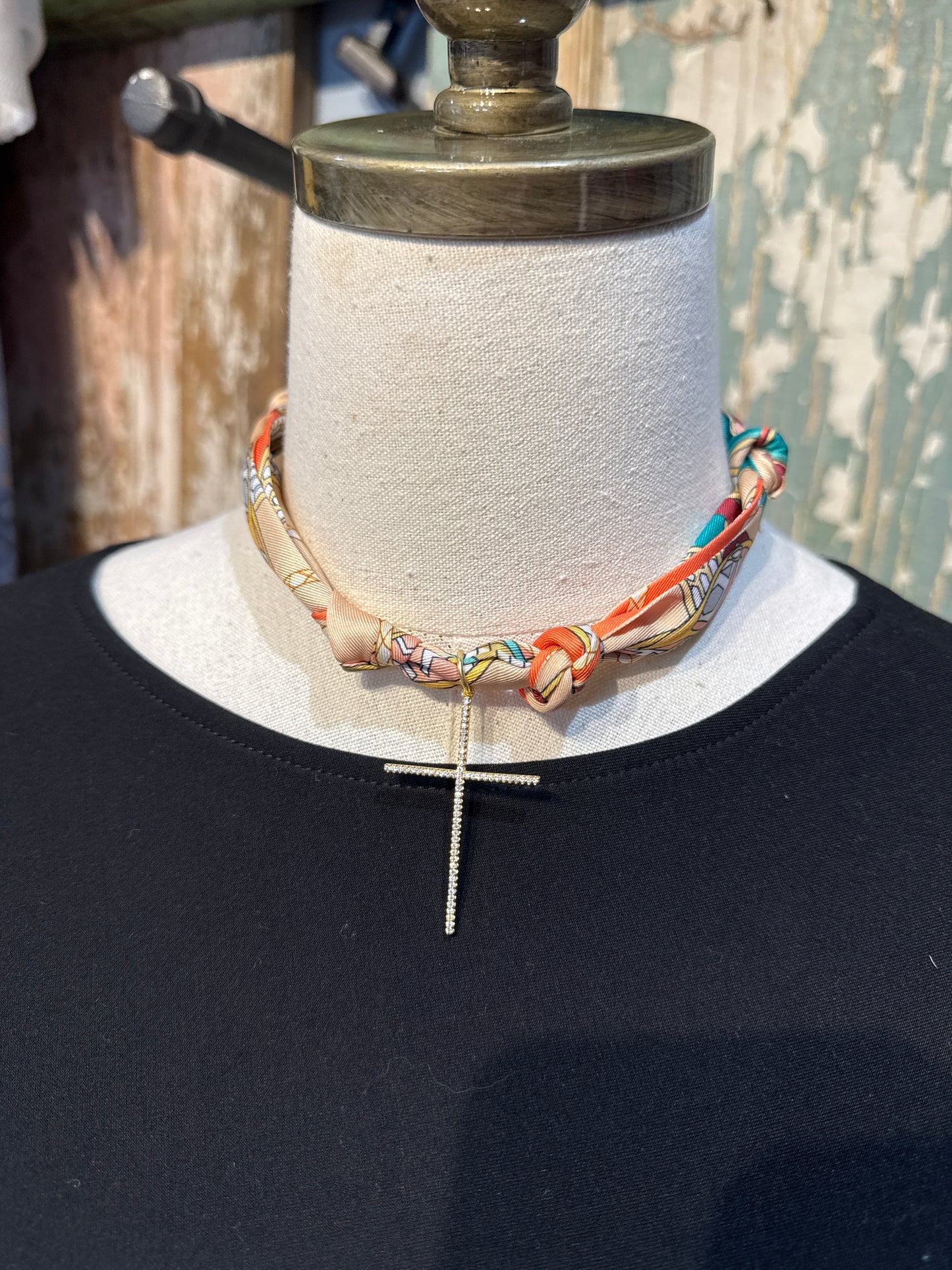 Handmade USA Tied Silky Wild Rags with Crystal Cross Pendant