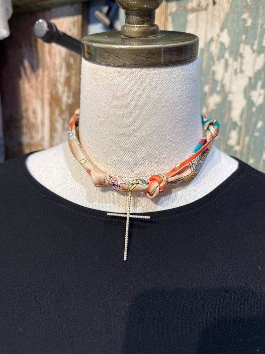 Handmade USA Tied Silky Wild Rags with Crystal Cross Pendant
