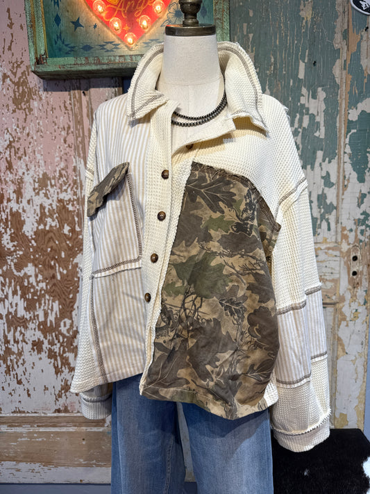 POL Camo Patchwork Waffle Knit Top