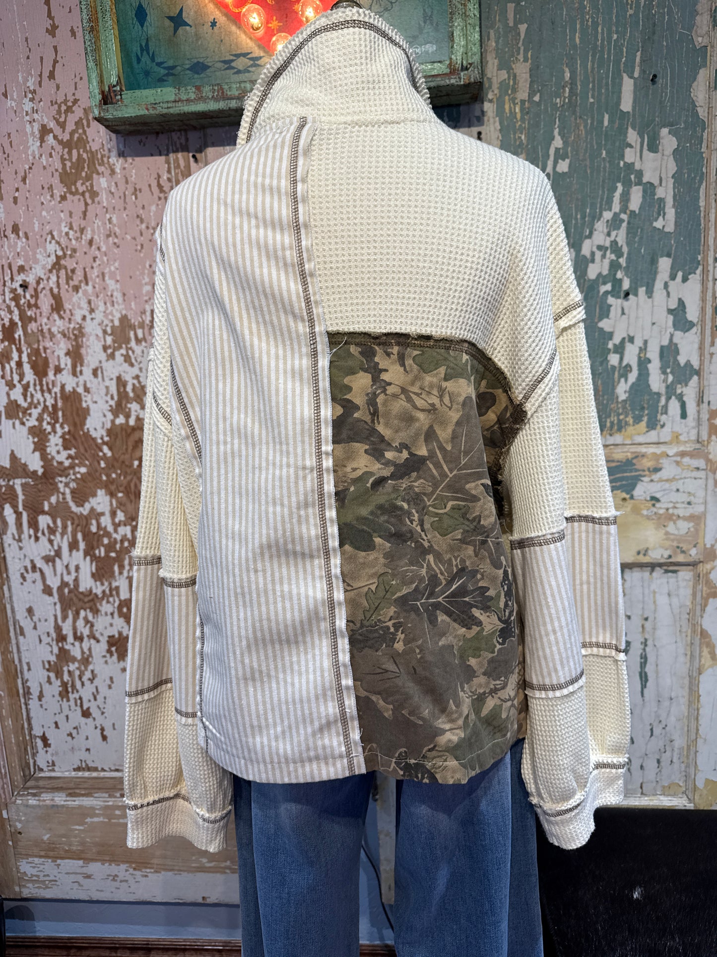 POL Camo Patchwork Waffle Knit Top